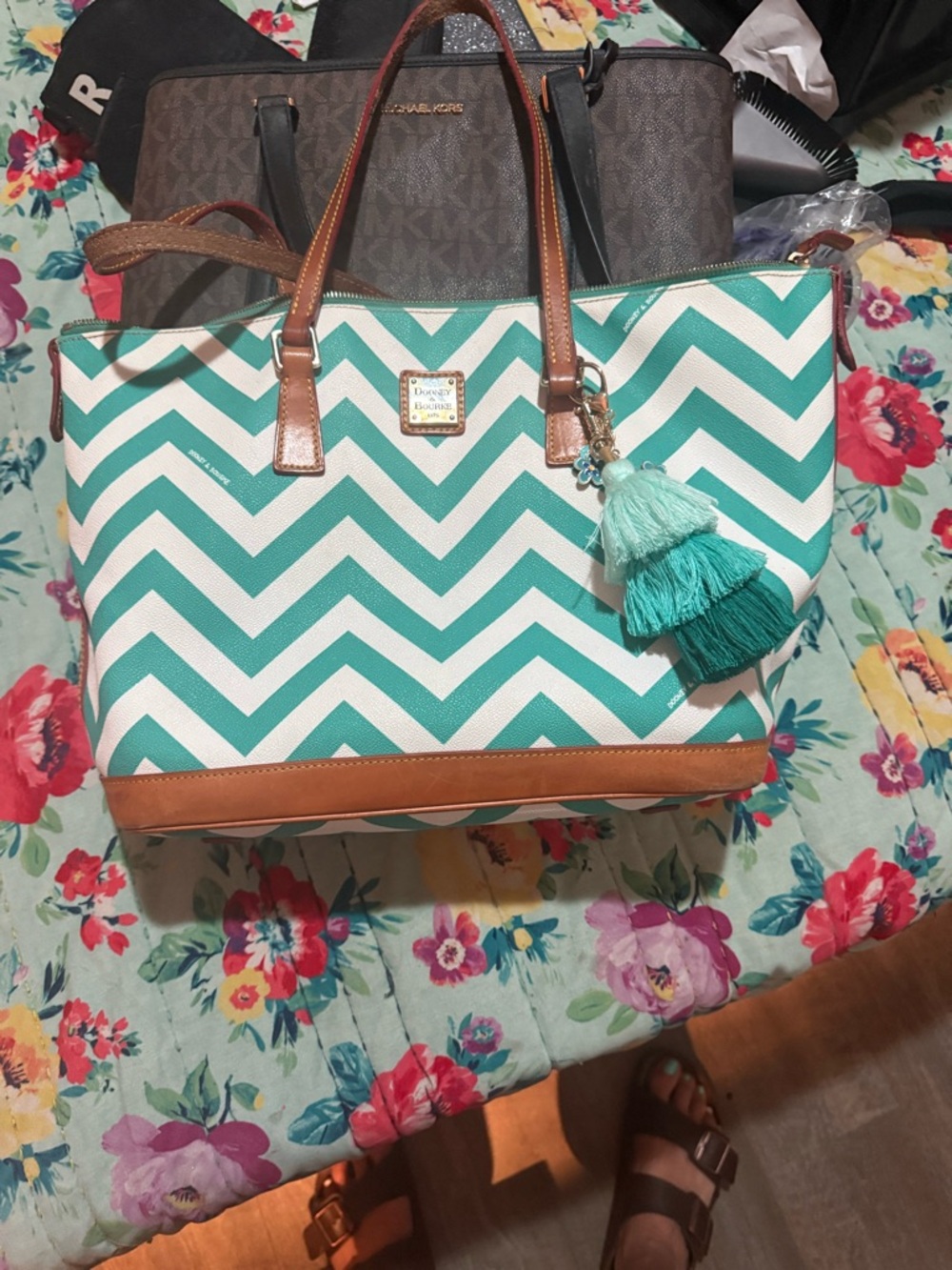 Dooney & Bourke Teal and White Chevron Tote with Tassel Charm